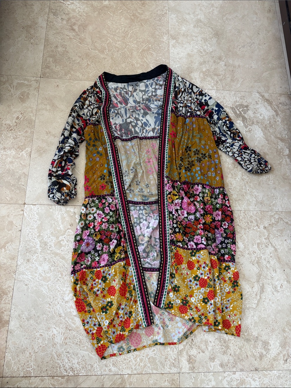 Bohemian Floral Patchwork Open Front Kimono Jacket - Mustard Multi